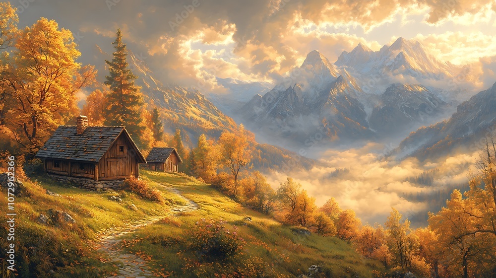Naklejka premium A panoramic view of the Alps with misty mountains cute house