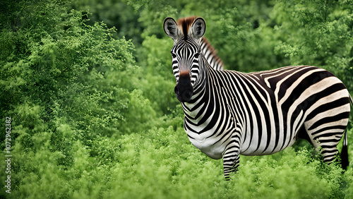Zebra standing among thick green vegetation, AI Generated
