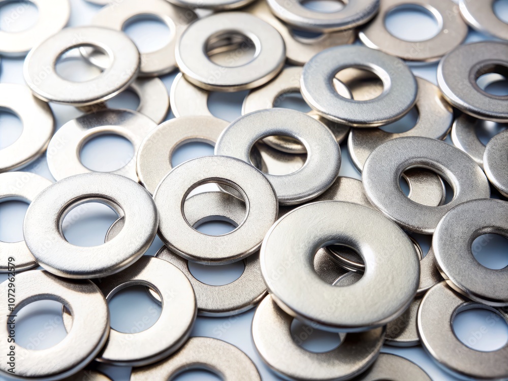 Aerial View of Flat Metal Washers Isolated on a Clean White Background - Perfect for Industrial, Hardware, and Manufacturing Contexts in Stock Photography Aerial View of Flat Metal Washers Isolated on a Clean White Background - Perfect for Industrial, Hardware, and Manufacturing Contexts in Stock Photography