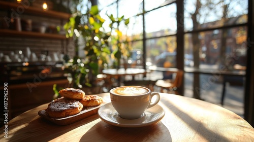 Coffee and Pastries on Wooden Table in Cafe.