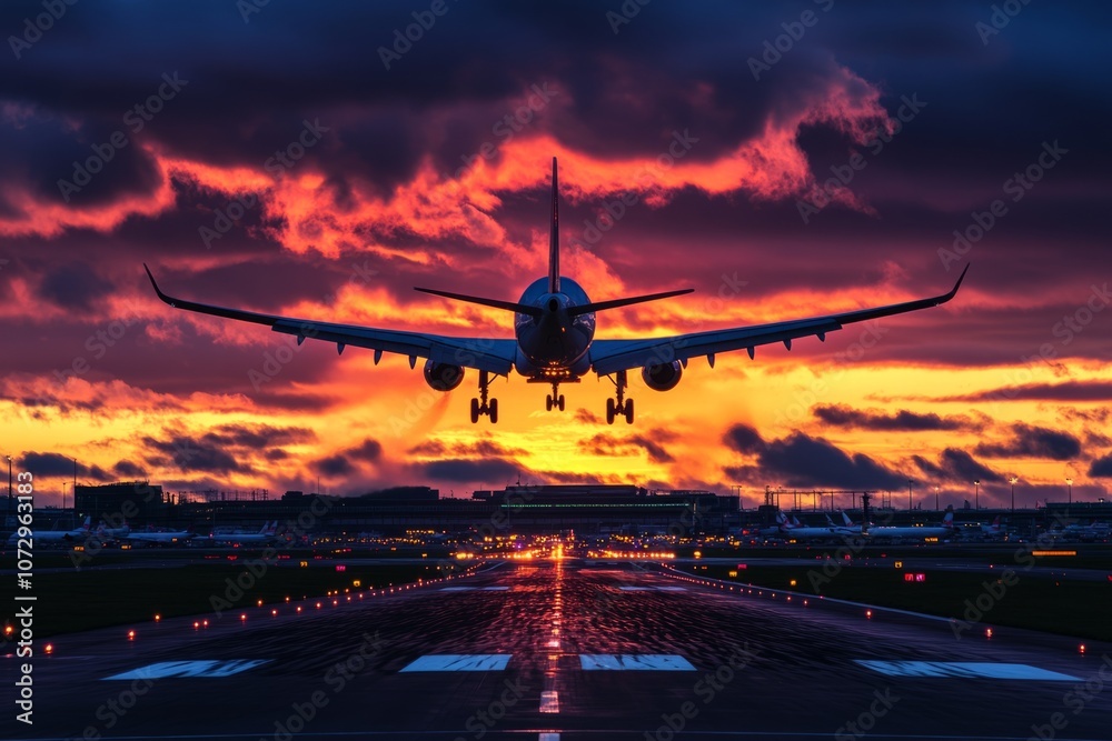 An airplane approaches for landing against a vibrant sunset. The sky displays rich colors of orange and purple. This dramatic scene captures the beauty of air travel. Generative AI An airplane approaches for landing against a vibrant sunset. The sky displays rich colors of orange and purple. This dramatic scene captures the beauty of air travel. Generative AI