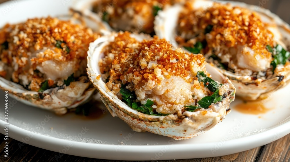 Stuffed blue crabs on white plate, close-up view to highlight fillings and details on shells. Clean, classic presentation. Stuffed blue crabs on white plate, close-up view to highlight fillings and details on shells. Clean, classic presentation.