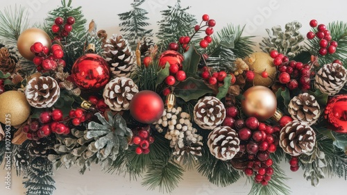 Festive Christmas garland with ornaments, pine cones, and berries on a white background.