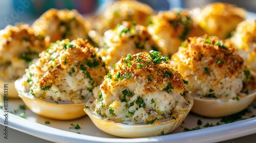 Stuffed blue crabs on white plate, close-up view. Shell details and vibrant stuffing ingredients, arranged elegantly.