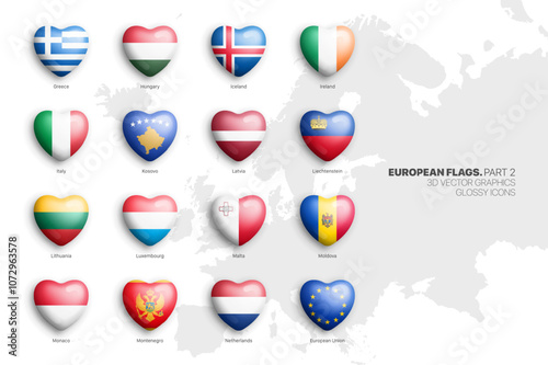 All Official Flags of European Countries Vector 3D Heart Glossy Icons Set Isolated On White Background Part 2. Europe Insignia Bright Vivid Colour Shiny Heart Shaped Badges Design Elements Bundle