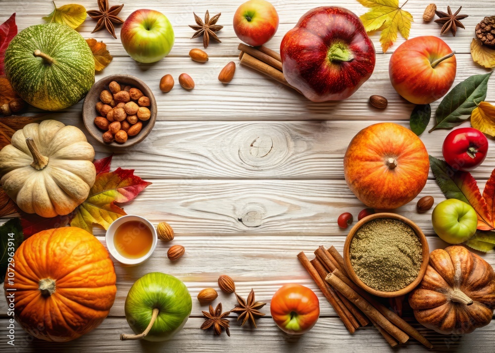 Autumn Baking Background with Pumpkins, Apples, Nuts, and Spices - Perfect for Thanksgiving and Fall Holiday Recipes with Copy Space for Creative Cooking Ideas Autumn Baking Background with Pumpkins, Apples, Nuts, and Spices - Perfect for Thanksgiving and Fall Holiday Recipes with Copy Space for Creative Cooking Ideas
