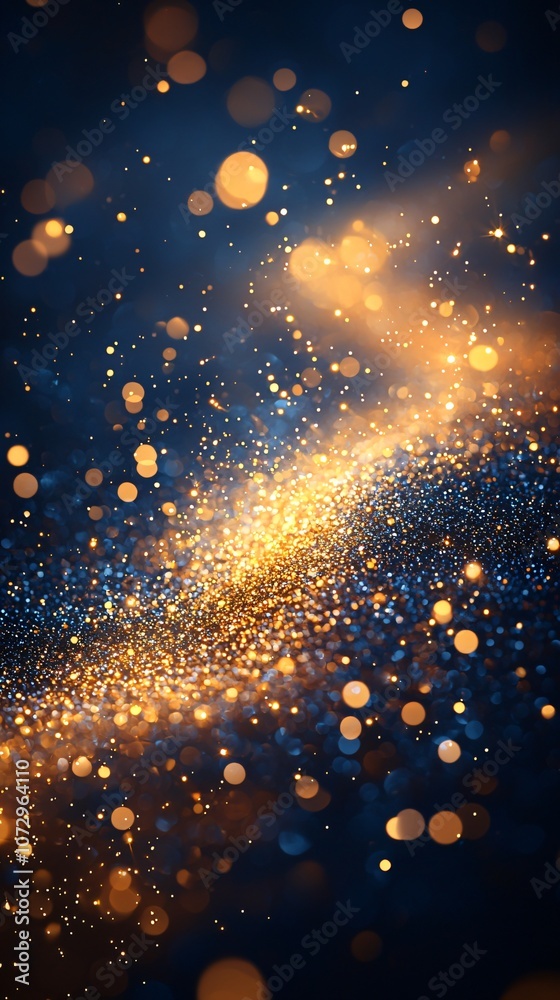 Obraz premium Elegant winter-themed background with golden bokeh effects on a navy blue backdrop, perfect for Christmas and New Year celebrations, invitations, or festive designs.