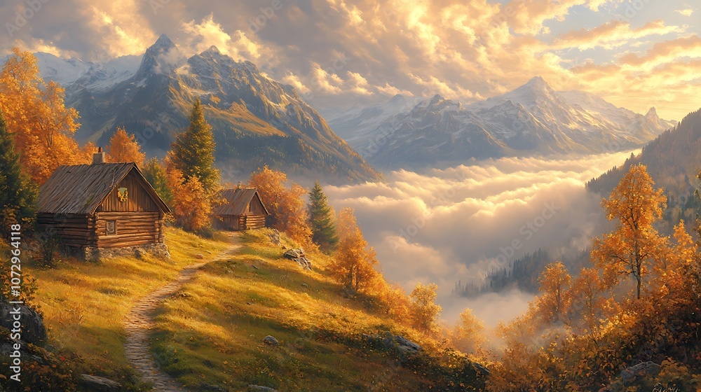 A panoramic view of the Alps with misty mountains cute house A panoramic view of the Alps with misty mountains cute house