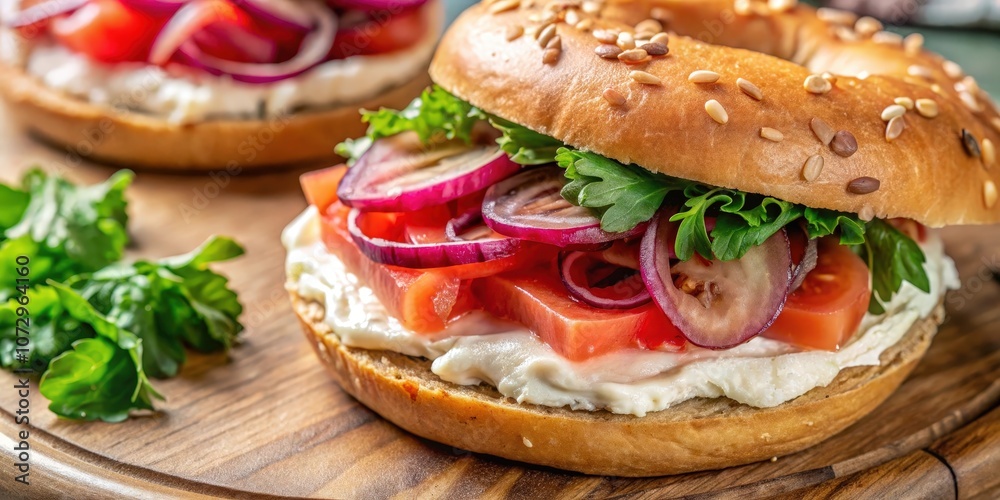 A Freshly Prepared Bagel Sandwich with Cream Cheese, Tomato, Red Onion, and Parsley on a Wooden Cutting Board