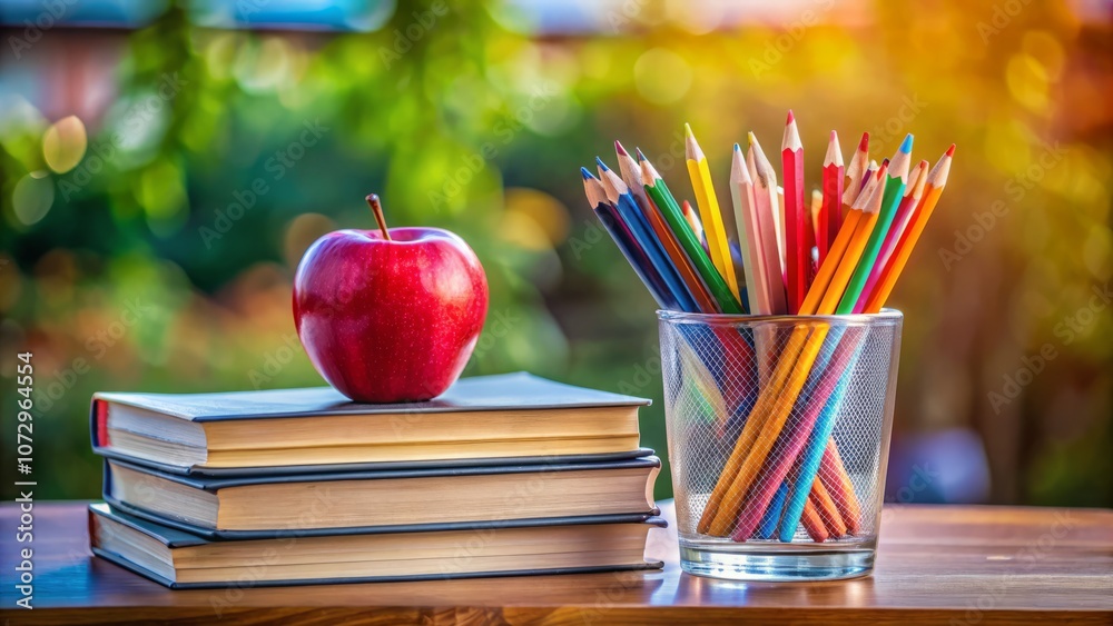 Back to School: A Creative Stack of Books with a Glass of Pencils and an Apple, Perfect for Educational Themes and Generative AI Design Inspiration Back to School: A Creative Stack of Books with a Glass of Pencils and an Apple, Perfect for Educational Themes and Generative AI Design Inspiration