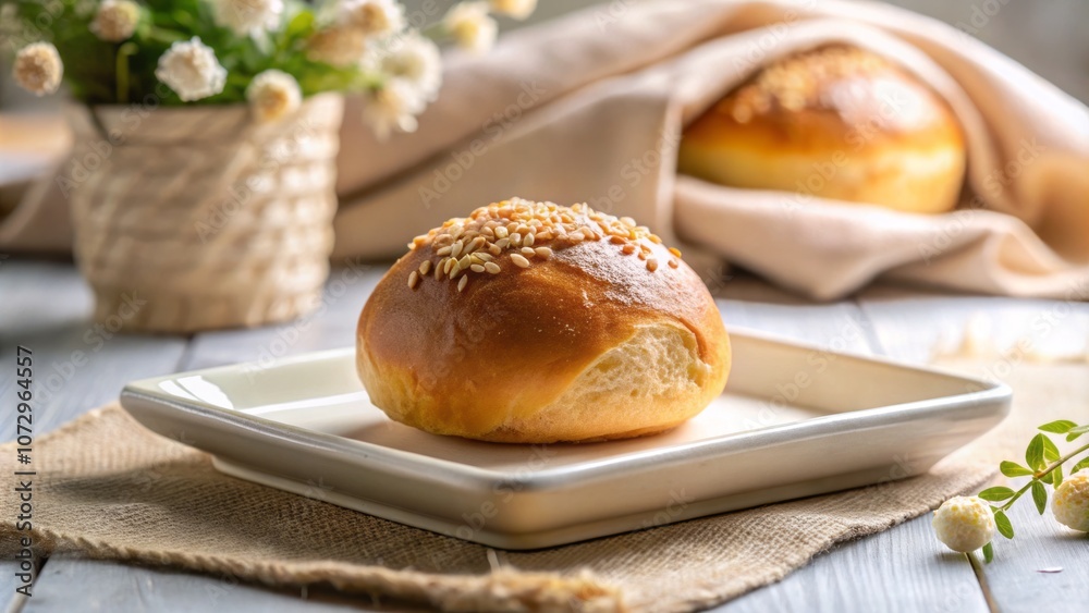 Baked Bun Displayed Elegantly on a White Tray, Capturing the Art of Culinary Photography with Textures and Details that Highlight Freshness and Flavor Baked Bun Displayed Elegantly on a White Tray, Capturing the Art of Culinary Photography with Textures and Details that Highlight Freshness and Flavor