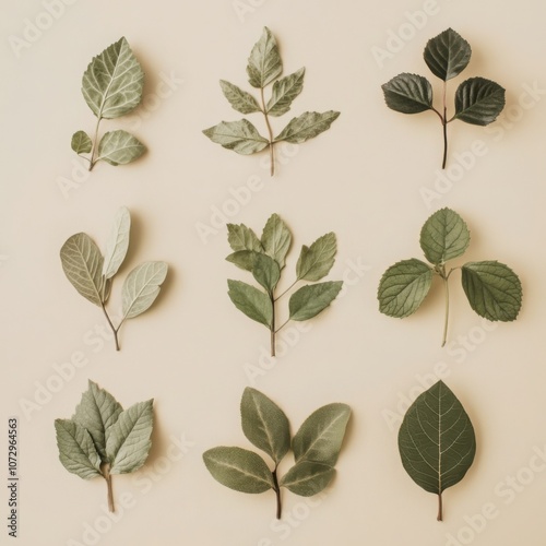 various plant leaves on a beige background, minimalistic and highly detailed