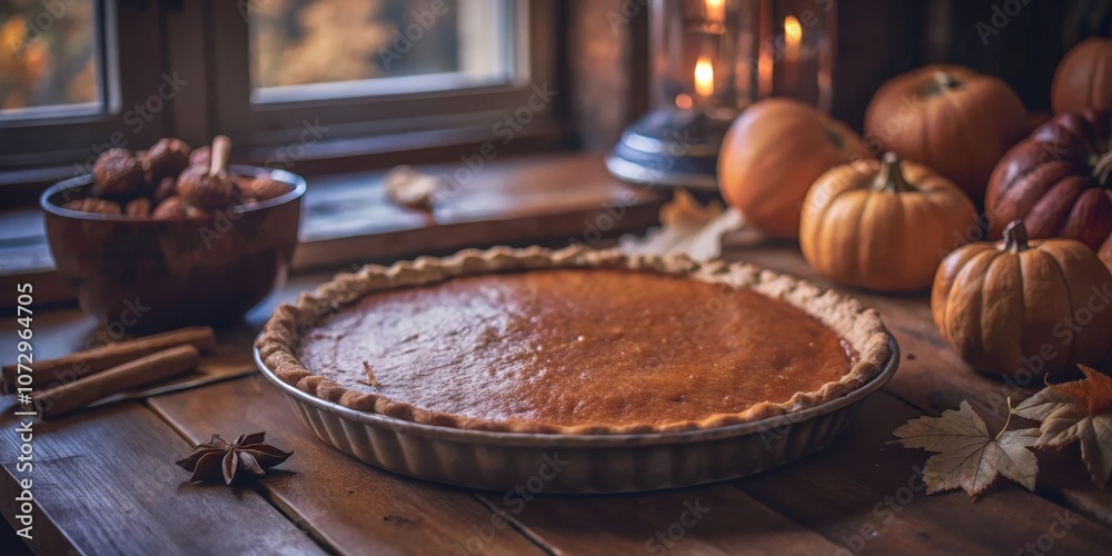 Naklejka premium A freshly baked pumpkin pie sits on a rustic wooden table surrounded by autumn leaves and pumpkins, the warm glow of candlelight illuminating the scene.