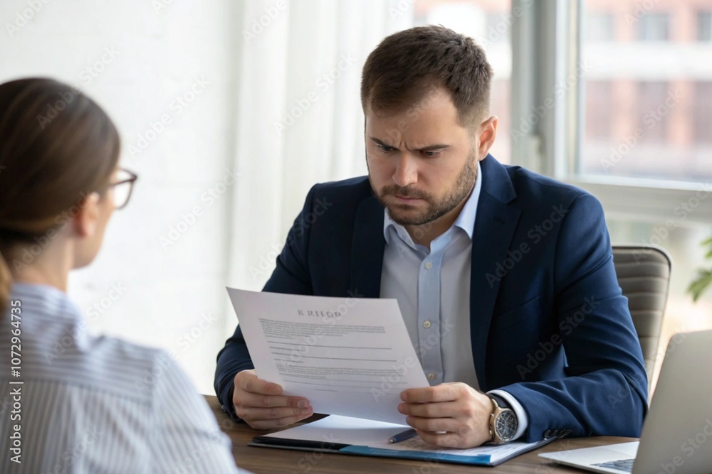 Concentrated business manager, checking the resume of potential employee Concentrated business manager, checking the resume of potential employee