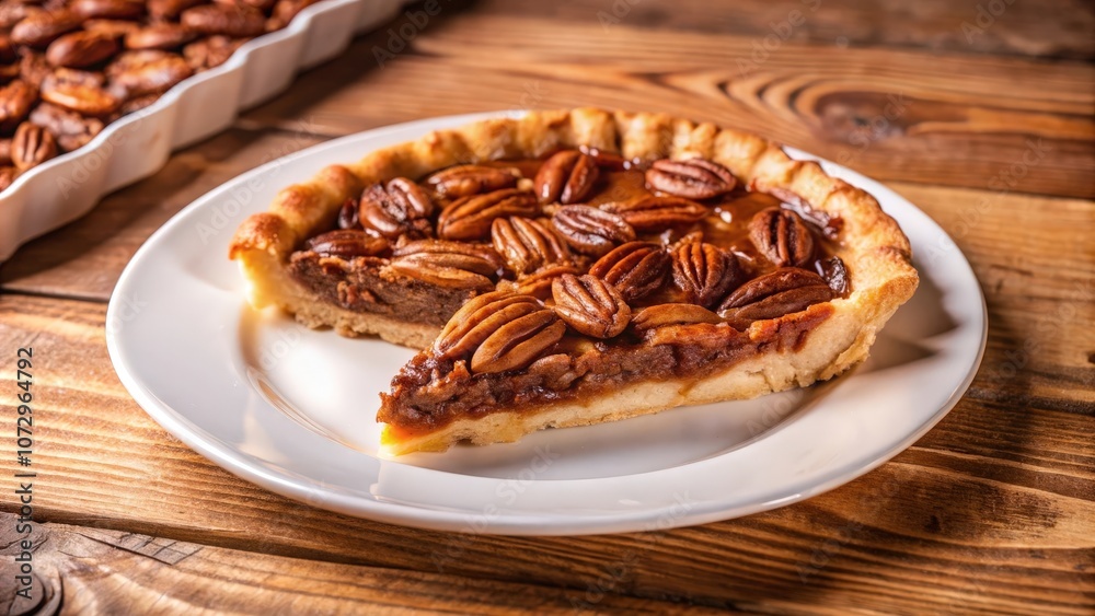 A slice of pecan pie on a white plate, with the remainder of the pie in the background, resting on a wooden table A slice of pecan pie on a white plate, with the remainder of the pie in the background, resting on a wooden table
