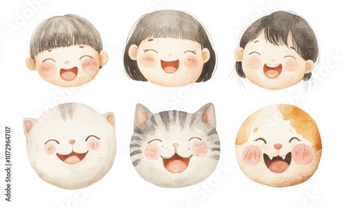 Watercolor cute Japanese family clipart, a set of 6 simple kawaii chibi faces in different poses and expressions. Smiling with teeth, a grandma face, a grandpa head, a happy girl, and a cat
