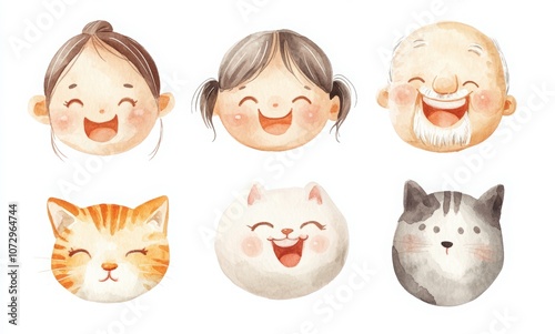 Watercolor cute Japanese family clipart, a set of 6 simple kawaii chibi faces in different poses and expressions. Smiling with teeth, a grandma face, a grandpa head, a happy girl, and a cat