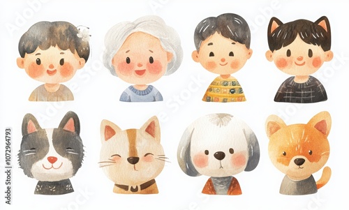 Watercolor cute Japanese family clipart, a set of 6 simple kawaii chibi faces in different poses and expressions. Smiling with teeth, a grandma face, a grandpa head, a happy girl, and a cat