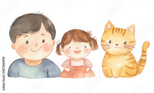 Watercolor cute Japanese family clipart, a set of 6 simple kawaii chibi faces in different poses and expressions. Smiling with teeth, a grandma face, a grandpa head, a happy girl, and a cat photo