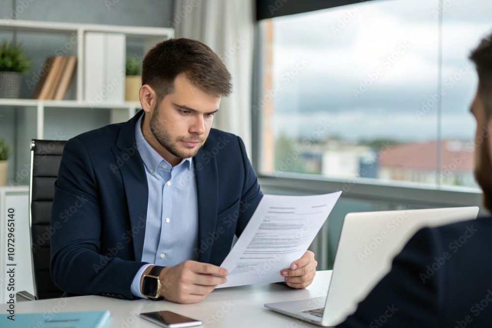 Concentrated business manager, checking the resume of potential employee Concentrated business manager, checking the resume of potential employee