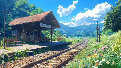  田舎の無人駅と緑豊かな夏の風景