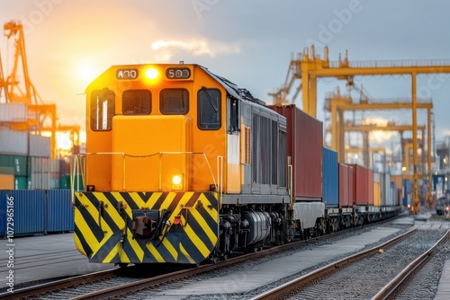 Close-up of a logistics train pulling containers through a crowded port area, with cranes loading cargo onto ships
