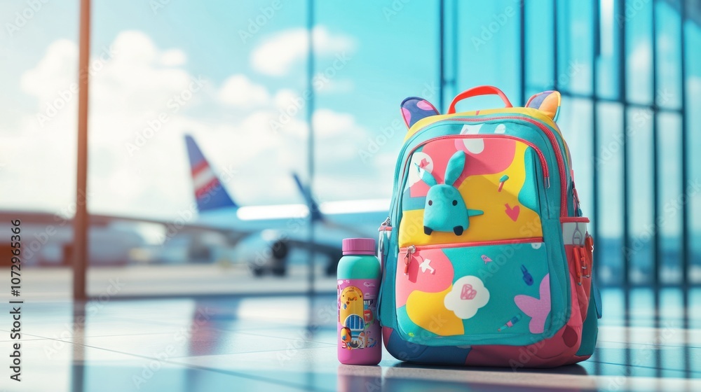 A colorful backpack with a cute animal design and a matching water bottle sits on the floor of an airport terminal, with a plane visible through the window in the background. A colorful backpack with a cute animal design and a matching water bottle sits on the floor of an airport terminal, with a plane visible through the window in the background.