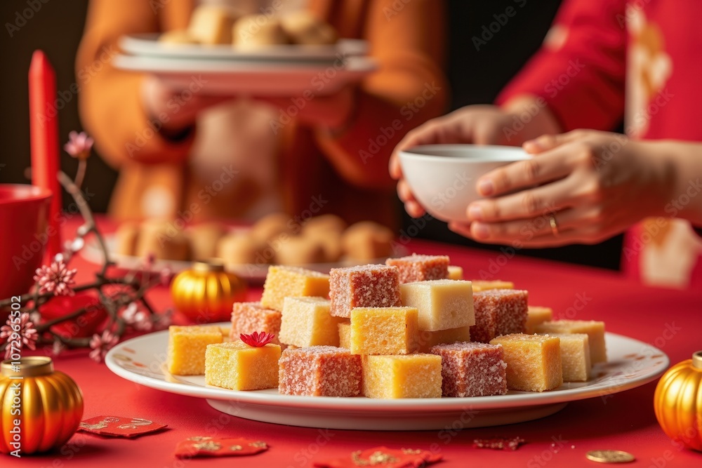 Festive celebration with traditional sweets and decorations on red table Festive celebration with traditional sweets and decorations on red table