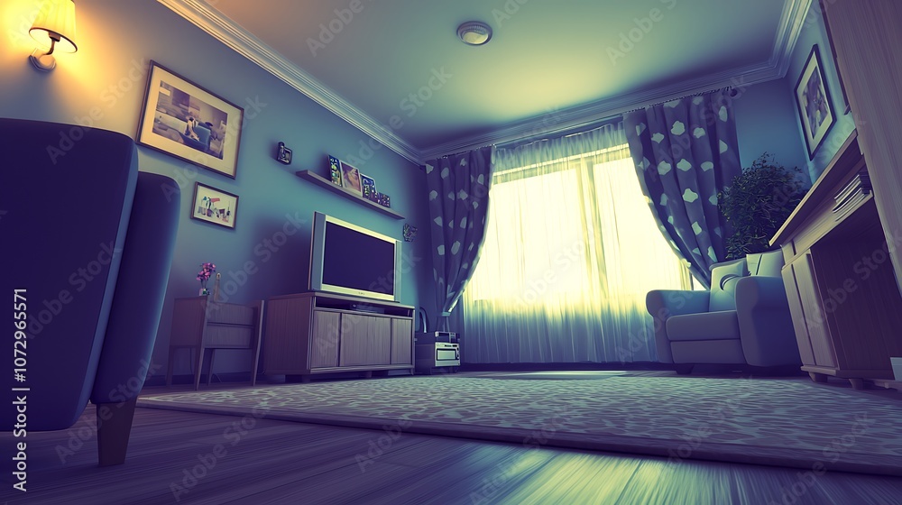 A cozy living room with soft lighting, curtains, and furniture, creating a welcoming atmosphere. A cozy living room with soft lighting, curtains, and furniture, creating a welcoming atmosphere.