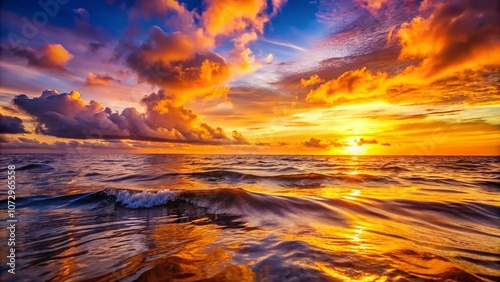 Breathtaking Golden Sunset Over Calm Ocean Waves with Vivid Colors Reflecting on the Water Surface at Twilight, Capturing the Serenity of Nature's Evening Splendor