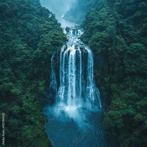 Aerial view of a cascading waterfall in lush forest.