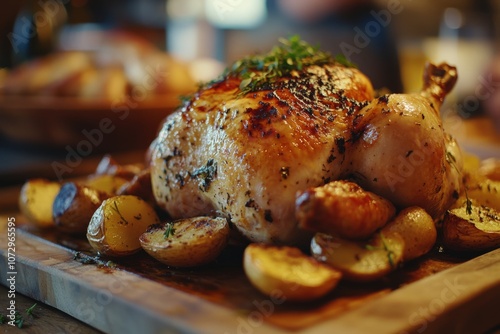 A beautifully roasted chicken garnished with herbs sits on a wooden board. Golden potatoes surround the chicken. Perfect for a cozy meal. Generative AI