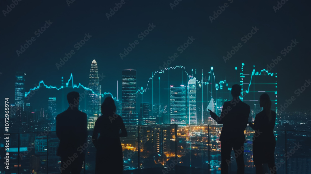Fototapeta premium Abstract business team stands on the peak of success amid tall, innovative Smart city and graphs with statistics to analyze business potential and predict future developments in company growth.