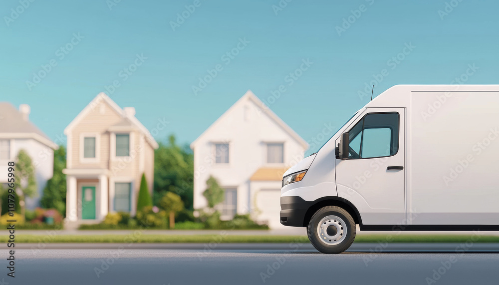 1. A delivery van parked on a suburban street, surrounded by modern homes under a clear blue sky, illustrating a typical residential area. 1. A delivery van parked on a suburban street, surrounded by modern homes under a clear blue sky, illustrating a typical residential area.