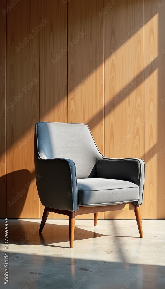 Obraz premium Modern gray armchair in a stylish setting, showcasing contemporary design and warm natural light, perfect for home decor, interior design projects, or furniture advertising.