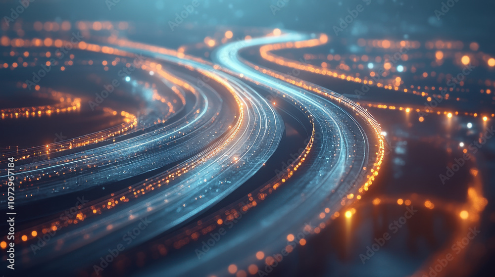 A mesmerizing night view of winding city roads illuminated by vibrant lights, showcasing the dynamic flow of traffic. A mesmerizing night view of winding city roads illuminated by vibrant lights, showcasing the dynamic flow of traffic.