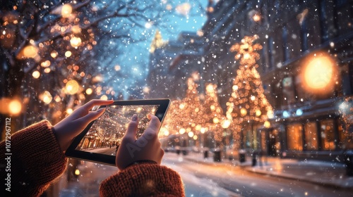 Hands navigate tablet against backdrop of twinkling festive lights, exploring urban winter wonders digitally, suited for tech-savvy urbanites engaging with their cityâs Christmas charm photo