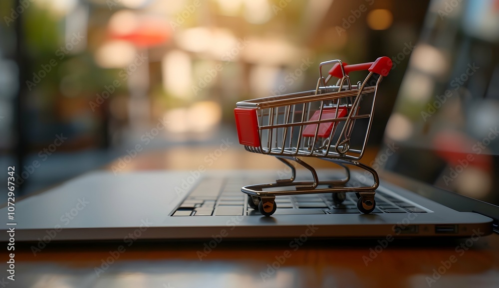 Product package boxes and shopping bag in cart with laptop computer which web store shop on screen for online shopping and delivery concept with miniature shopping cart standing in front of laptop Product package boxes and shopping bag in cart with laptop computer which web store shop on screen for online shopping and delivery concept with miniature shopping cart standing in front of laptop