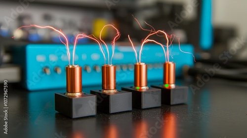 Wallpaper Mural The image features multiple electronic components emitting sparks, likely demonstrating principles of electricity or plasma in a laboratory setting. Torontodigital.ca