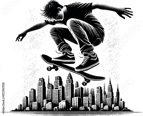 Skateboarder in Action with Urban City Skyline Vector Black Silhouette Cricut Design for T-Shirt