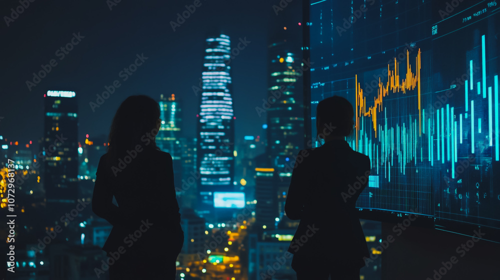 Abstract business team stands on the peak of success amid tall, innovative Smart city and graphs with statistics to analyze business potential and predict future developments in company growth. Abstract business team stands on the peak of success amid tall, innovative Smart city and graphs with statistics to analyze business potential and predict future developments in company growth.