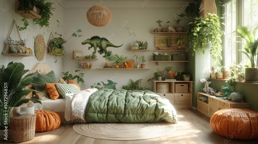 Naklejka premium A cozy and playful bedroom with a dinosaur theme, featuring a bed with green bedding, orange and brown accents, and a variety of plants.