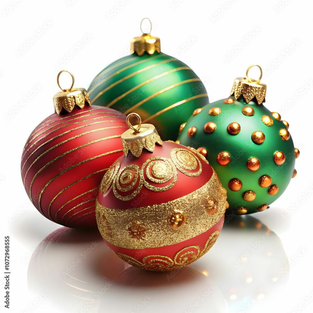 Christmas ornaments in red, green, and gold displayed beautifully Christmas ornaments in red, green, and gold displayed beautifully