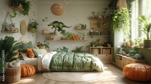 Fototapeta Naklejka Na Ścianę i Meble -  A cozy and playful bedroom with a dinosaur theme, featuring a bed with green bedding, orange and brown accents, and a variety of plants.