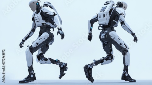 Two futuristic robots running, one from front and one from back, against a white background.