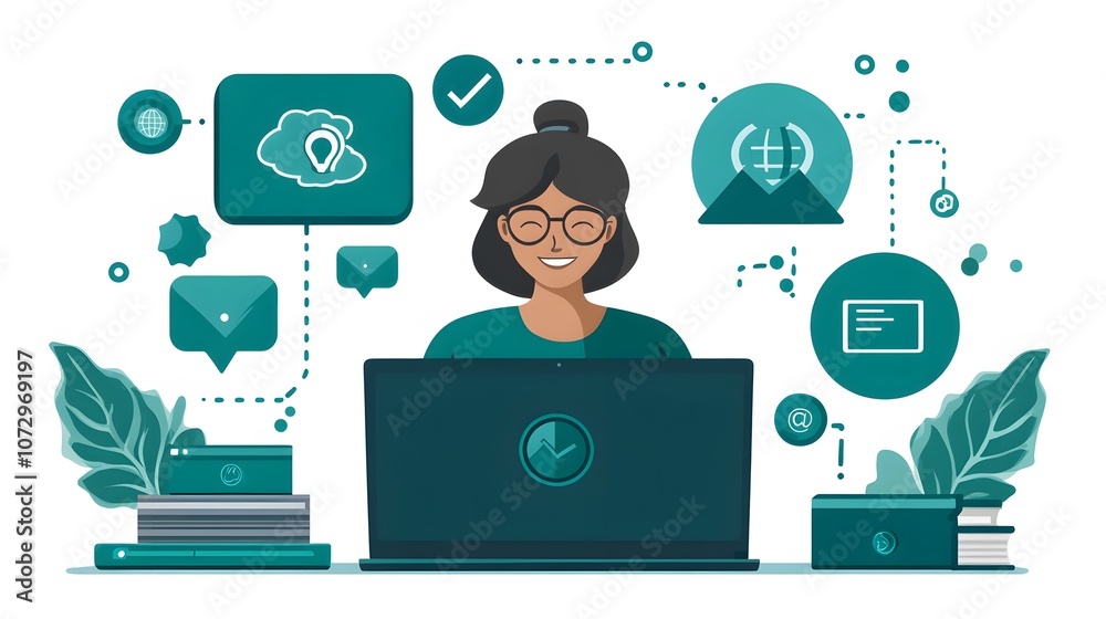 Fototapeta premium Businessperson at desk, using laptop for online training, educational icons displayed, virtual learning