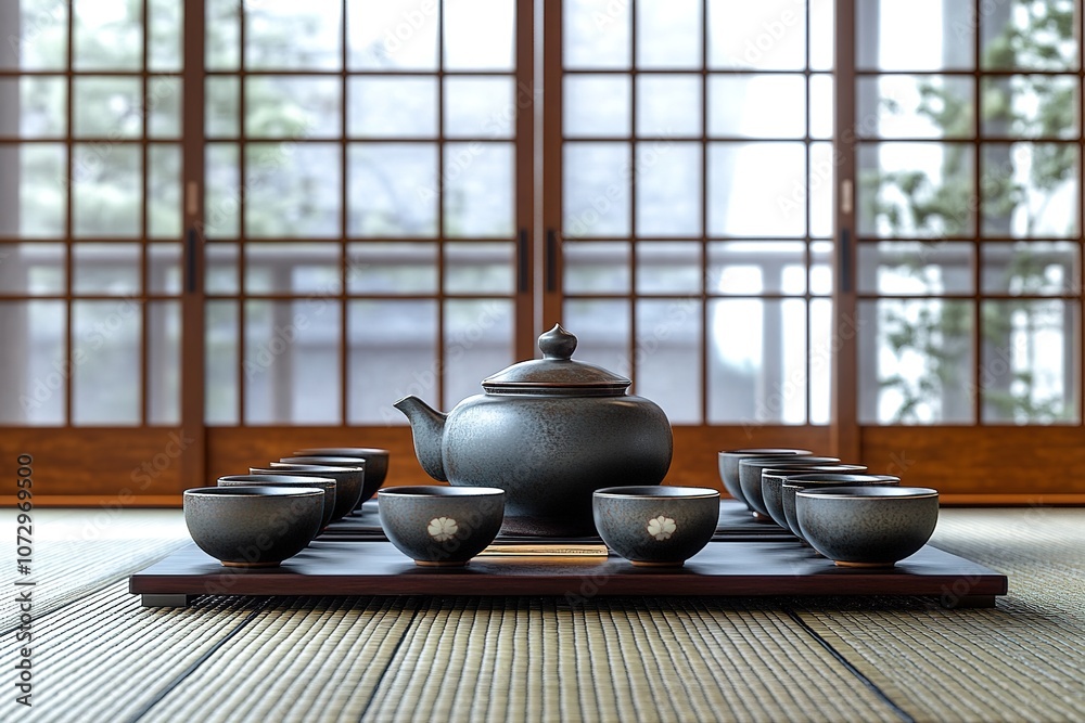 Traditional Japanese tea set on tatami mat indoors Traditional Japanese tea set on tatami mat indoors