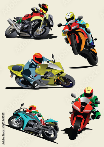 149-41-Bikers wearing helmets and colorful racing suits driving sport motorcycles at full speed