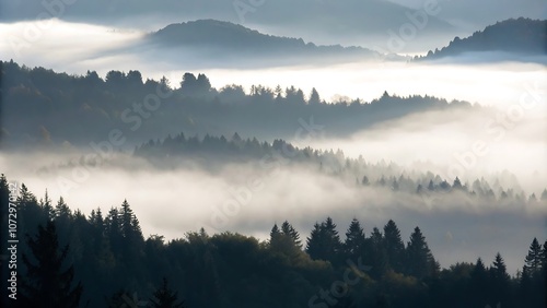 Fog over mountains with a beautiful forest