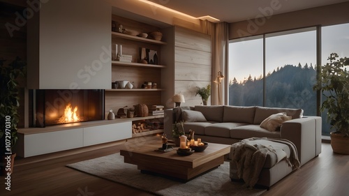 Cozy living room with fireplace and scenic mountain view during twilight, inviting warmth and relaxation in the modern interior. Generative AI
